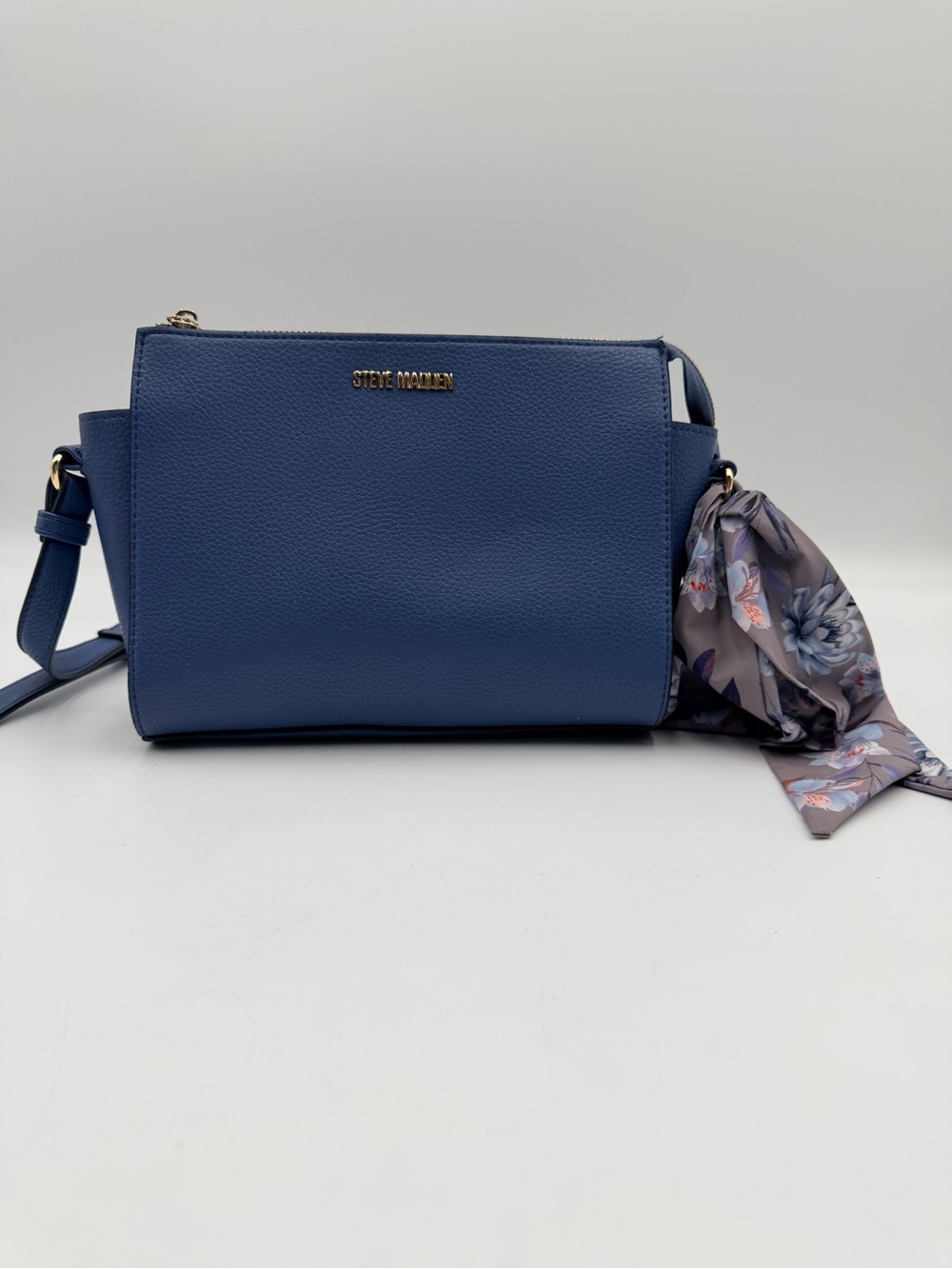 Steve Madden Navy Blue Pebble Crossbody with Floral Scarf Accent